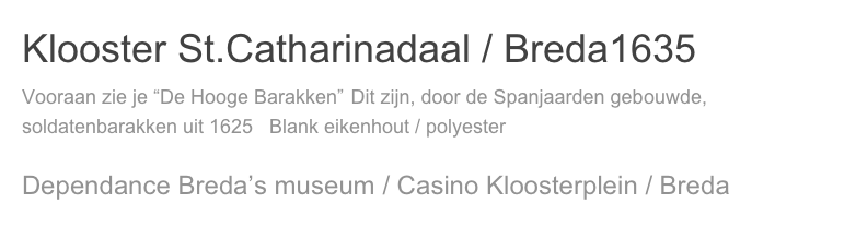 Klooster St.Catharinadaal / Breda1635
Vooraan zie je “De Hooge Barakken” Dit zijn, door de Spanjaarden gebouwde, soldatenbarakken uit 1625   Blank eikenhout / polyester 

Dependance Breda’s museum / Casino Kloosterplein / Breda
